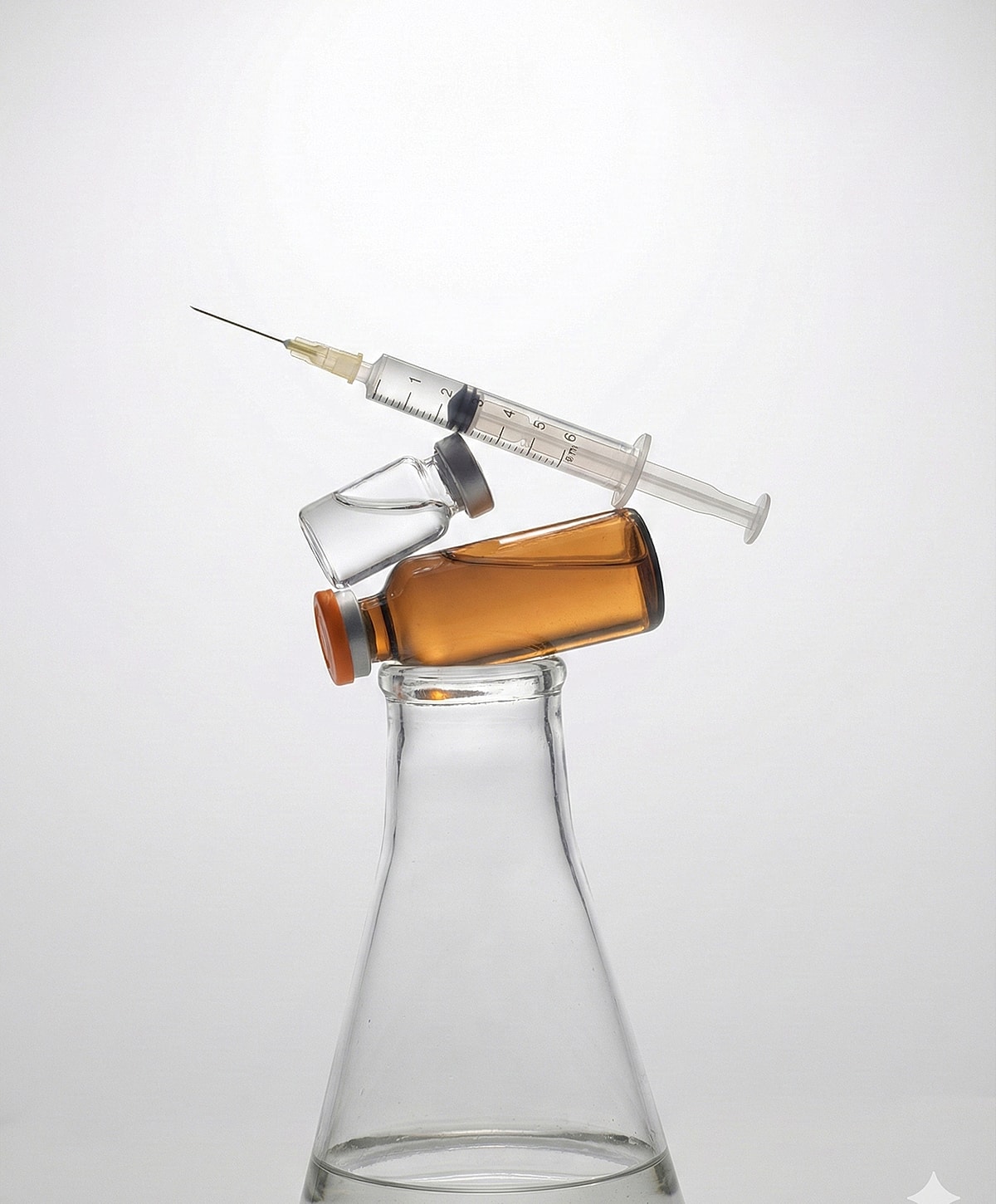 Syringe and vials on a glass bottle.