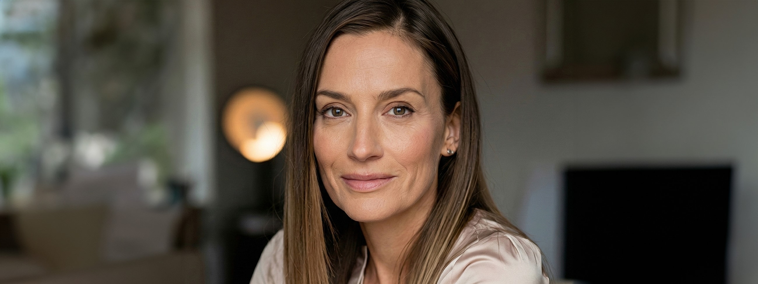 Portrait of a smiling woman indoors.