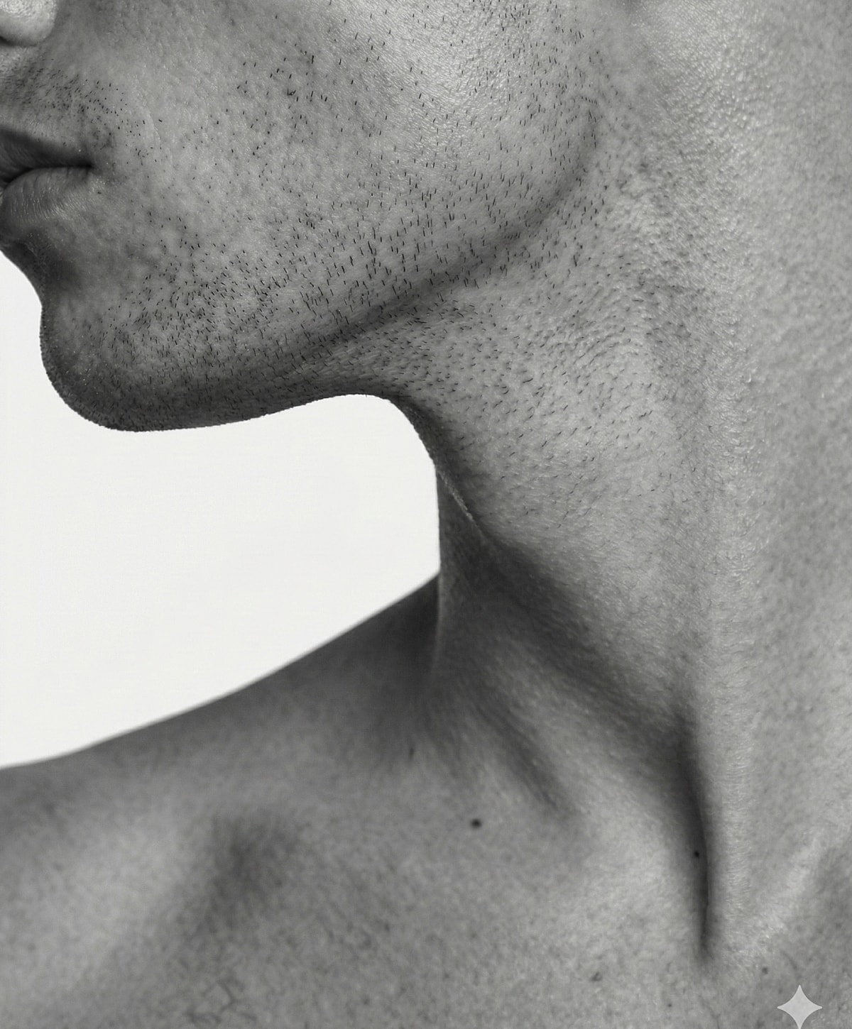 Close-up of a male jaw and neck.